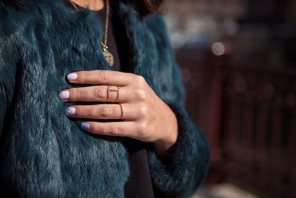 dainty rings, fur coat