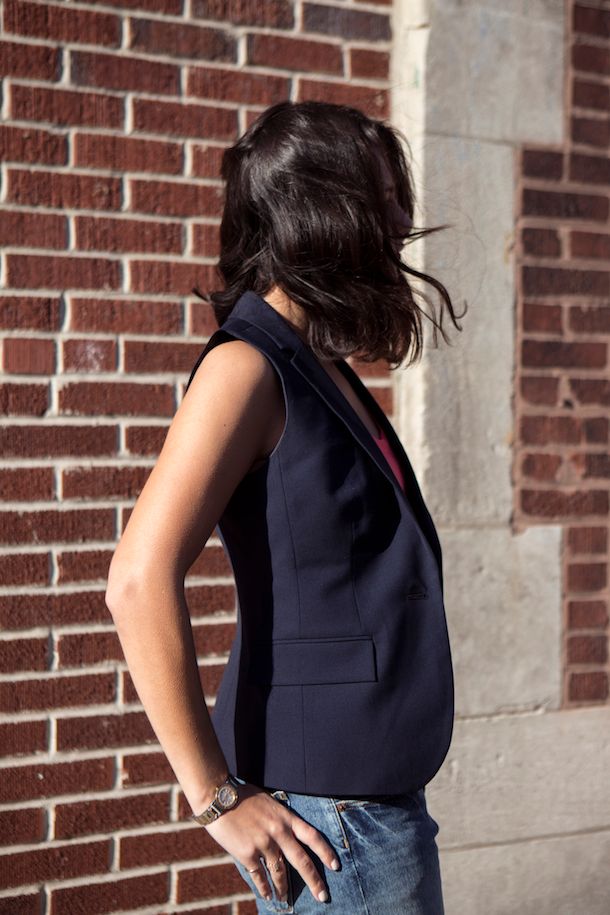 navy vest, j. crew street style