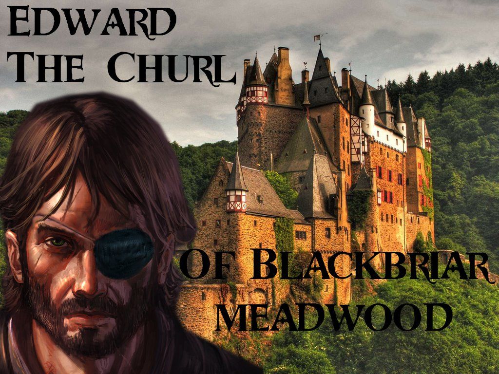 A picture of a scruffy guy with an eyepatch in front of a forresty castle.