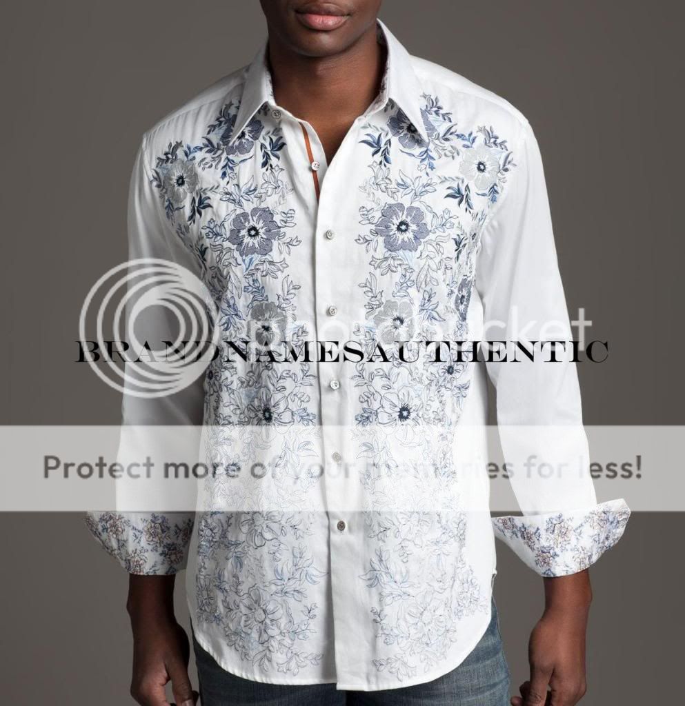 ROBERT GRAHAM Zouk Embroidered Cuffs Mens Shirt White Blue Floral 2XL 